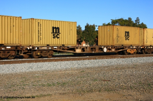 100609 10017
Midland, AQWY 30224 container flat waggon built by WAGR Midland Workshops in a batch of forty five WFX type container flats in 1974, recoded to WQCX in 1980. Loaded with two 20' Mediterranean Shipping 22G1 type containers MEDU 274598 and MSCU 339478.
Keywords: AQWY-type;AQWY30224;WAGR-Midland-WS;WFX-type;WQCX-type;
