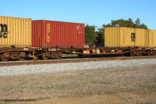 100609 10018
Midland, AQWY 30213 container flat waggon built by WAGR Midland Workshops in a batch of forty five WFX type container flats in 1974, recoded to WQCX in 1980. Loaded with two 20' 22G1 type containers Gold GLDU 380590 and Mediterranean Shipping MEDU 170300.
Keywords: AQWY-type;AQWY30213;WAGR-Midland-WS;WFX-type;WQCX-type;