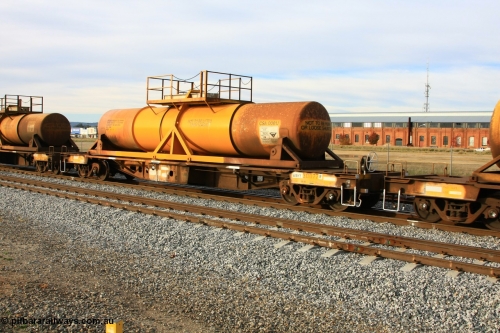 100611 0323
Midland, AQHY 30077 with sulphuric acid tank CSA 0061, originally built by the WAGR Midland Workshops in 1964/66 at WF type flat waggons, then following several codes and modifications in 1997 seventy five were converted to WQH to carry CSA sulphuric acid tanks between Hampton/Kalgoorlie and Perth/Kwinana.
Keywords: AQHY-type;AQHY30077;WAGR-Midland-WS;WF-type;WFDY-type;WFDF-type;RFDF-type;WQH-type;