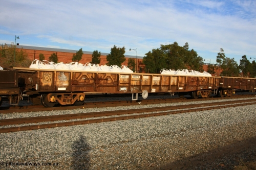 100611 0340
Midland, AOXY 33007 open waggon, converted to carry nickel matte bulk bags similar to the WGL type traffic, AOXY 33007 was originally built by WAGR Midland Workshop between 1966-67 as one of a batch of one hundred, was recoded to WGS for superphosphate traffic 1969-70.
Keywords: AOXY-type;AOXY33007;WAGR-Midland-WS;WGX-type;WGS-type;WOAX-type;