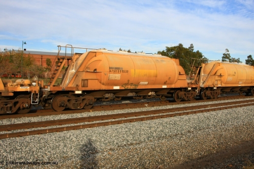 100611 0353
Midland, APNY 3115, one of twelve built by WAGR Midland Workshops in 1974 as WNA type pneumatic discharge nickel concentrate waggon, WAGR built and owned copies of the AE Goodwin built WN waggons for WMC.
Keywords: APNY-type;APNY31153;WAGR-Midland-WS;WNA-type;