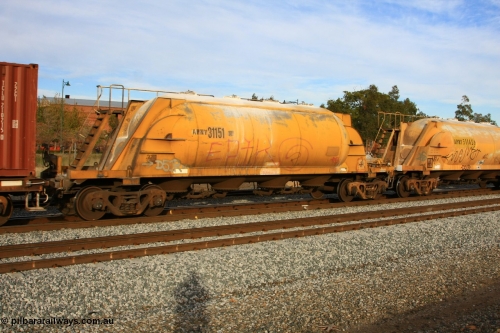 100611 0355
Midland, APNY 31151, one of twelve built by WAGR Midland Workshops in 1974 as WNA type pneumatic discharge nickel concentrate waggon, WAGR built and owned copies of the AE Goodwin built WN waggons for WMC.
Keywords: APNY-type;APNY31151;WAGR-Midland-WS;WNA-type;