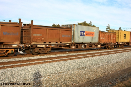 100611 0357
Midland, AQWY 30211 container flat waggon, built by WAGR Midland Workshops in 1974 as a batch of forty five WFX type container flats. Recoded to WQCX in 1980. Loaded here with a Westrail COR roll top container COR 5885, P+O Nedlloyd 22G1 20' box and open top COT 6807.
Keywords: AQWY-type;AQWY30211;WAGR-Midland-WS;WFX-type;WQCX-type;AQCY-type;