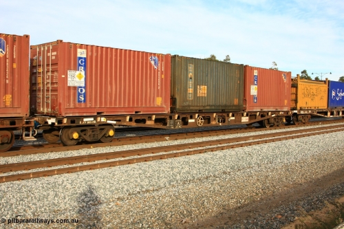 100611 0359
Midland, AQCY 30242 container flat waggon built by WAGR Midland Workshops in a batch of forty five WFX type container flats in 1974, recoded to WQCX in 1980. Loaded with three 20' 2EG9 type boxes used to convey ammonium nitrate.
Keywords: AQCY-type;AQCY30242;WAGR-Midland-WS;WFX-type;WQCX-type;