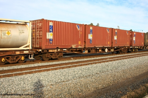 100611 0360
Midland, AQWY 30231 container flat waggon built by WAGR Midland Workshops in a batch of forty five WFX type container flats in 1974, recoded to WQCX in 1980. Loaded with three Cronos 20' 2EG9 type boxes used to convey ammonium nitrate.
Keywords: AQWY-type;AQWY30231;WAGR-Midland-WS;WFX-type;WQCX-type;