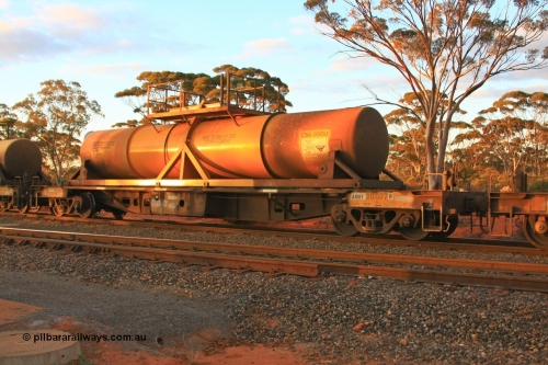 100731 3239
Binduli, AQHY 30077 with sulphuric acid tank CSA 0061, originally built by the WAGR Midland Workshops in 1964/66 at WF type flat waggons, then following several codes and modifications in 1997 seventy five were converted to WQH to carry CSA sulphuric acid tanks between Hampton/Kalgoorlie and Perth/Kwinana.
Keywords: AQHY-type;AQHY30077;WAGR-Midland-WS;WF-type;WFDY-type;WFDF-type;RFDF-type;WQH-type;
