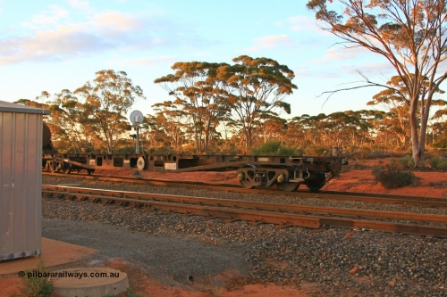 100731 3247
Binduli, AQWY 30222, flat waggon originally built by WAGR Midland Workshops as a WFX type in batch of forty five in 1973-74, recoded to WQCX in 1980, then to WQC for a couple of years 1980-82. In use here as a barrier waggon for the dangerous goods on the acid train.
Keywords: AQWY-type;AQWY30222;WAGR-Midland-WS;WFX-type;WQCX-type;WQC-type;