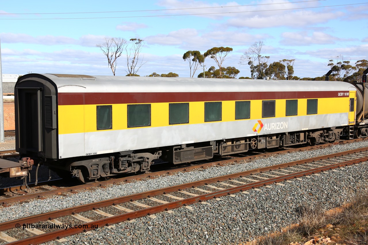 160525 4956
West Kalgoorlie, Aurizon intermodal train 2MP1, crew accommodation coach QCBY 10, started life as Victorian Railways Newport Workshops 1952 build as AS class no. 15, first class air conditioned corridor car, then AS 210, BS 210 and BS 10. Sold to West Coast Railway, then RTS / Gemco and finally to Aurizon.
Keywords: QCBY-class;QCBY10;Victorian-Railways-Newport-WS;AS15;AS210;BS210;BS10;AS-class;BS-class;