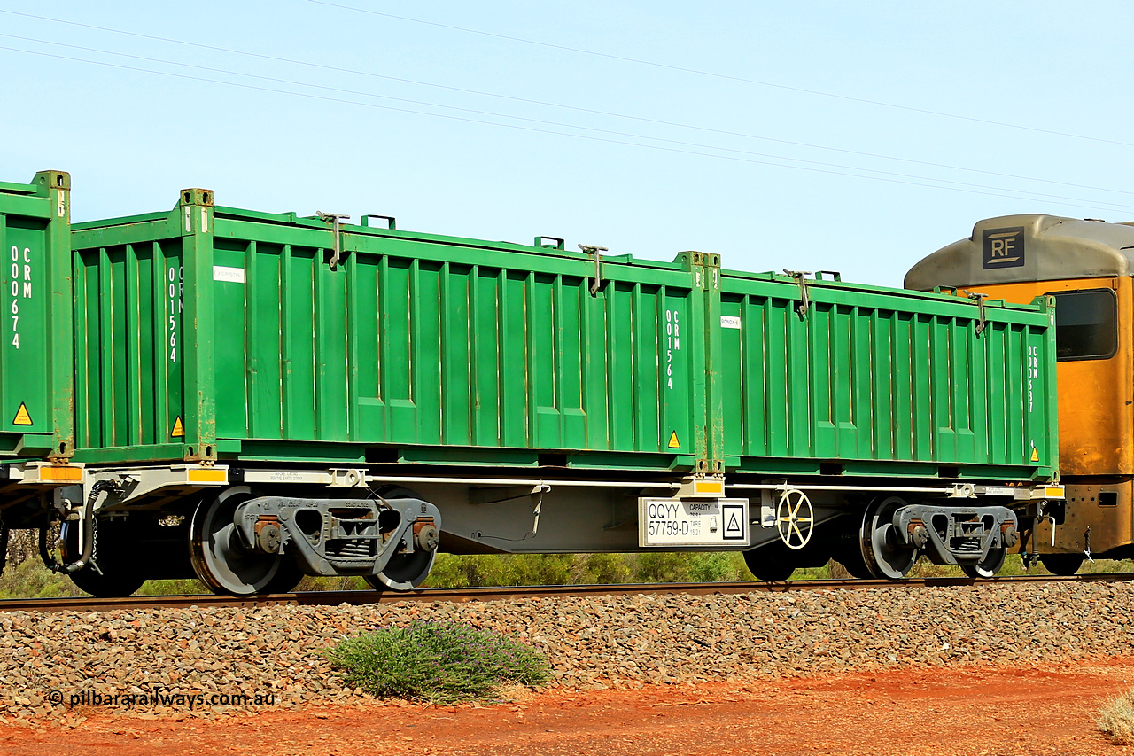 231020 8145
Parkeston, QQYY type 40' container waggon QQYY 57759 one of five hundred ordered by Aurizon and built by CRRC Yangtze Group of China in 2022. In service with two loaded 20' half height hard top 'rotainers' lettered CRM, for Cristal Mining before they were absorbed into Tronox, CRM 000687 with Tronox decal and CRM 001564 with Cristal decal, on Aurizon's Tronox mineral sands train 4UP1 from Ivanhoe / Broken Hill (NSW) to Kwinana (WA). 20th of October 2023.
Keywords: QQYY-type;QQYY57759;CRRC-Yangtze-Group-China;