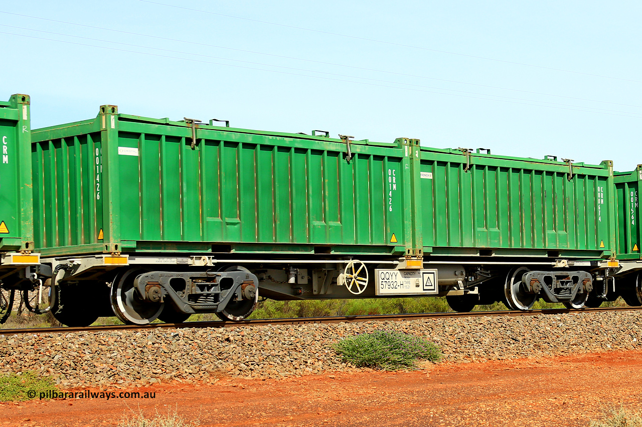 231020 8146
Parkeston, QQYY type 40' container waggon QQYY 57932 one of five hundred ordered by Aurizon and built by CRRC Yangtze Group of China in 2022. In service with two loaded 20' half height hard top 'rotainers' lettered CRM, for Cristal Mining before they were absorbed into Tronox, CRM 000674 with Tronox decal and CRM 001426 with Cristal decal, on Aurizon's Tronox mineral sands train 4UP1 from Ivanhoe / Broken Hill (NSW) to Kwinana (WA). 20th of October 2023.
Keywords: QQYY-type;QQYY57932;CRRC-Yangtze-Group-China;