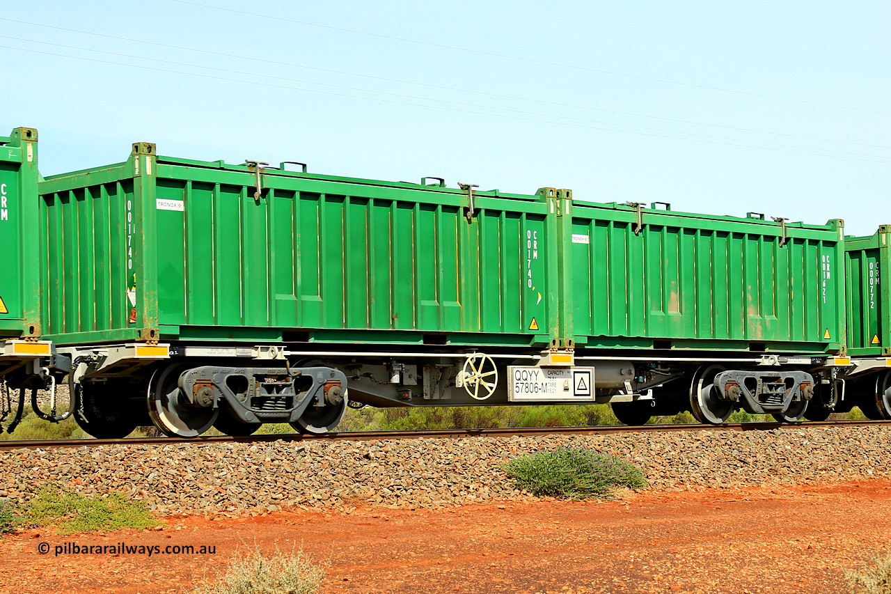 231020 8149
Parkeston, QQYY type 40' container waggon QQYY 57806 one of five hundred ordered by Aurizon and built by CRRC Yangtze Group of China in 2022. In service with two loaded 20' half height hard top 'rotainers' lettered CRM, for Cristal Mining before they were absorbed into Tronox, CRM 001621 with Tronox decal and CRM 001740 with Tronox decal, on Aurizon's Tronox mineral sands train 4UP1 from Ivanhoe / Broken Hill (NSW) to Kwinana (WA). 20th of October 2023.
Keywords: QQYY-type;QQYY57806;CRRC-Yangtze-Group-China;