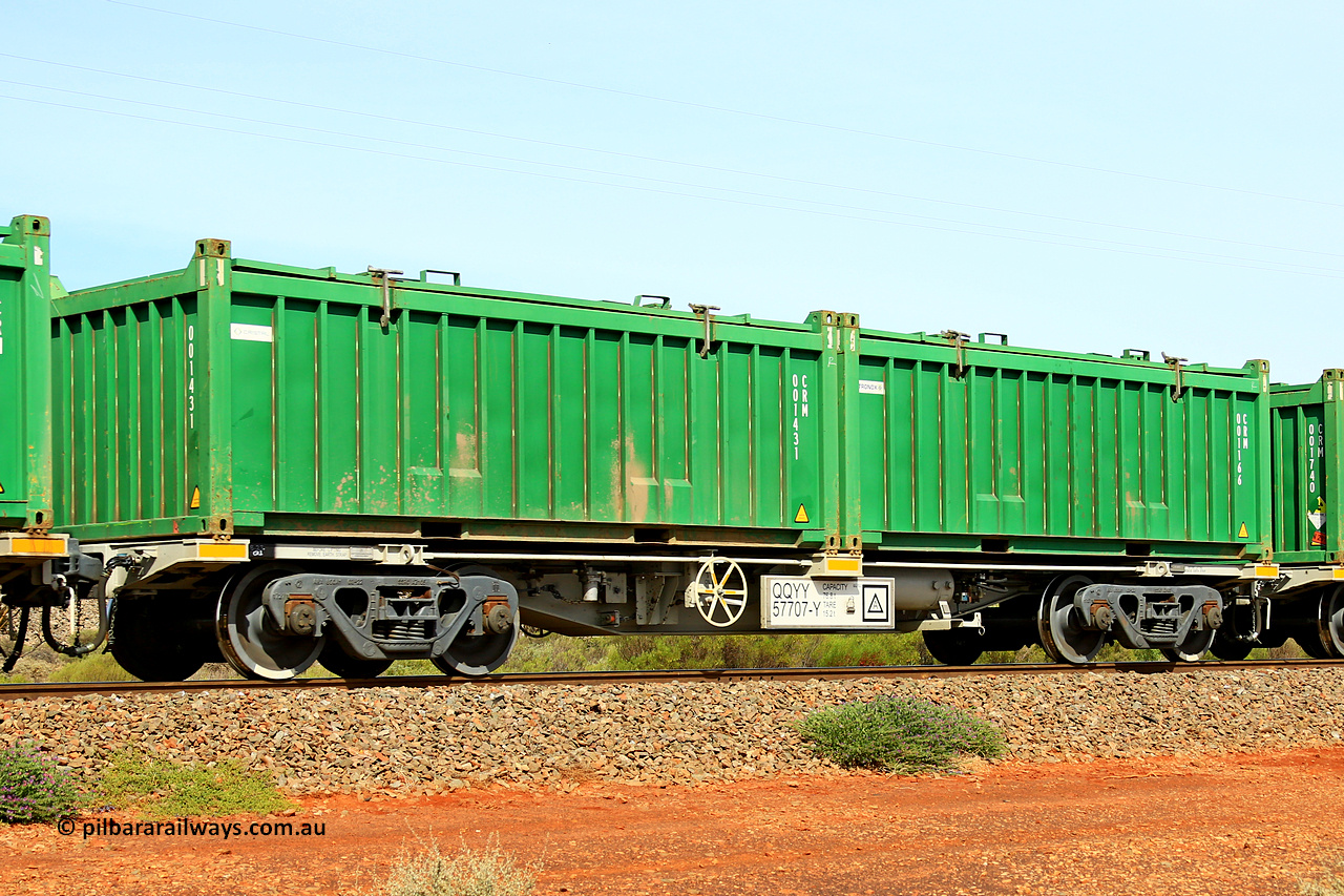 231020 8150
Parkeston, QQYY type 40' container waggon QQYY 57707 one of five hundred ordered by Aurizon and built by CRRC Yangtze Group of China in 2022. In service with two loaded 20' half height hard top 'rotainers' lettered CRM, for Cristal Mining before they were absorbed into Tronox, CRM 001166 with Tronox decal and CRM 001431 with Cristal decal, on Aurizon's Tronox mineral sands train 4UP1 from Ivanhoe / Broken Hill (NSW) to Kwinana (WA). 20th of October 2023.
Keywords: QQYY-type;QQYY57707;CRRC-Yangtze-Group-China;