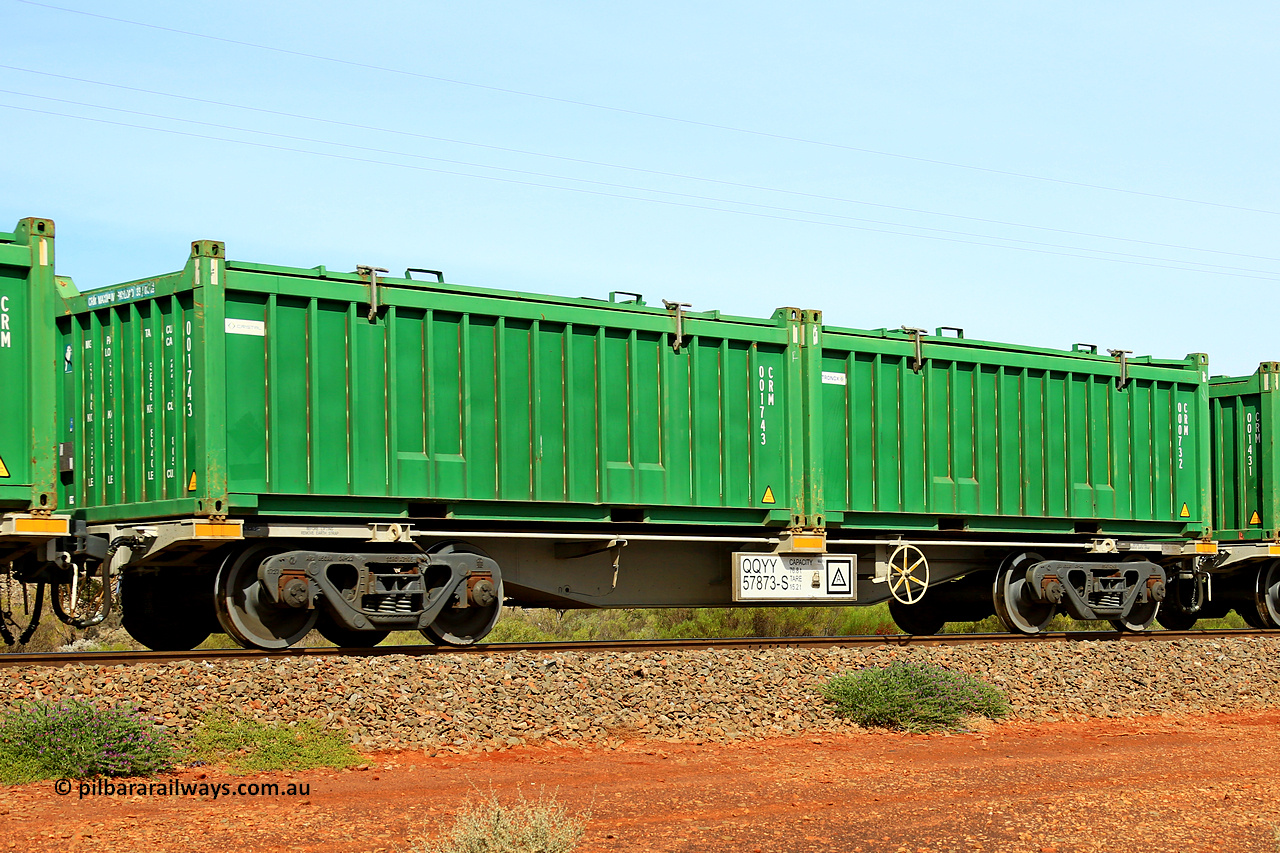 231020 8151
Parkeston, QQYY type 40' container waggon QQYY 57873 one of five hundred ordered by Aurizon and built by CRRC Yangtze Group of China in 2022. In service with two loaded 20' half height hard top 'rotainers' lettered CRM, for Cristal Mining before they were absorbed into Tronox, CRM 000732 with Tronox decal and CRM 001743 with Cristal decal, on Aurizon's Tronox mineral sands train 4UP1 from Ivanhoe / Broken Hill (NSW) to Kwinana (WA). 20th of October 2023.
Keywords: QQYY-type;QQYY57873;CRRC-Yangtze-Group-China;