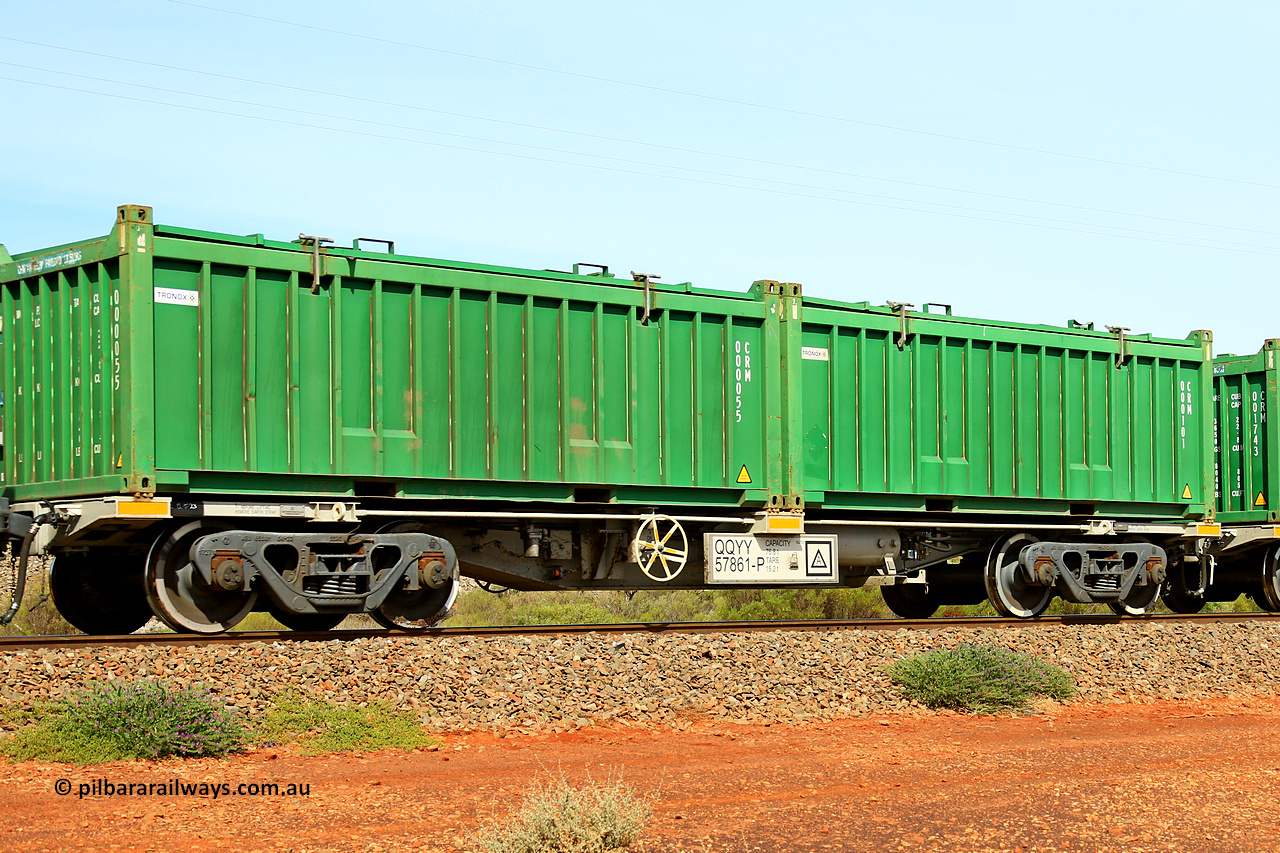 231020 8152
Parkeston, QQYY type 40' container waggon QQYY 57861 one of five hundred ordered by Aurizon and built by CRRC Yangtze Group of China in 2022. In service with two loaded 20' half height hard top 'rotainers' lettered CRM, for Cristal Mining before they were absorbed into Tronox, CRM 000101 with Tronox decal and CRM 000055 with Tronox decal, on Aurizon's Tronox mineral sands train 4UP1 from Ivanhoe / Broken Hill (NSW) to Kwinana (WA). 20th of October 2023.
Keywords: QQYY-type;QQYY57861;CRRC-Yangtze-Group-China;