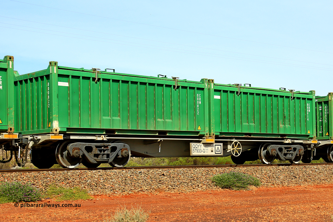 231020 8153
Parkeston, QQYY type 40' container waggon QQYY 57933 one of five hundred ordered by Aurizon and built by CRRC Yangtze Group of China in 2022. In service with two loaded 20' half height hard top 'rotainers' lettered CRM, for Cristal Mining before they were absorbed into Tronox, CRM 000914 with Cristal decal and CRM 000822 with Cristal decal, on Aurizon's Tronox mineral sands train 4UP1 from Ivanhoe / Broken Hill (NSW) to Kwinana (WA). 20th of October 2023.
Keywords: QQYY-type;QQYY57933;CRRC-Yangtze-Group-China;
