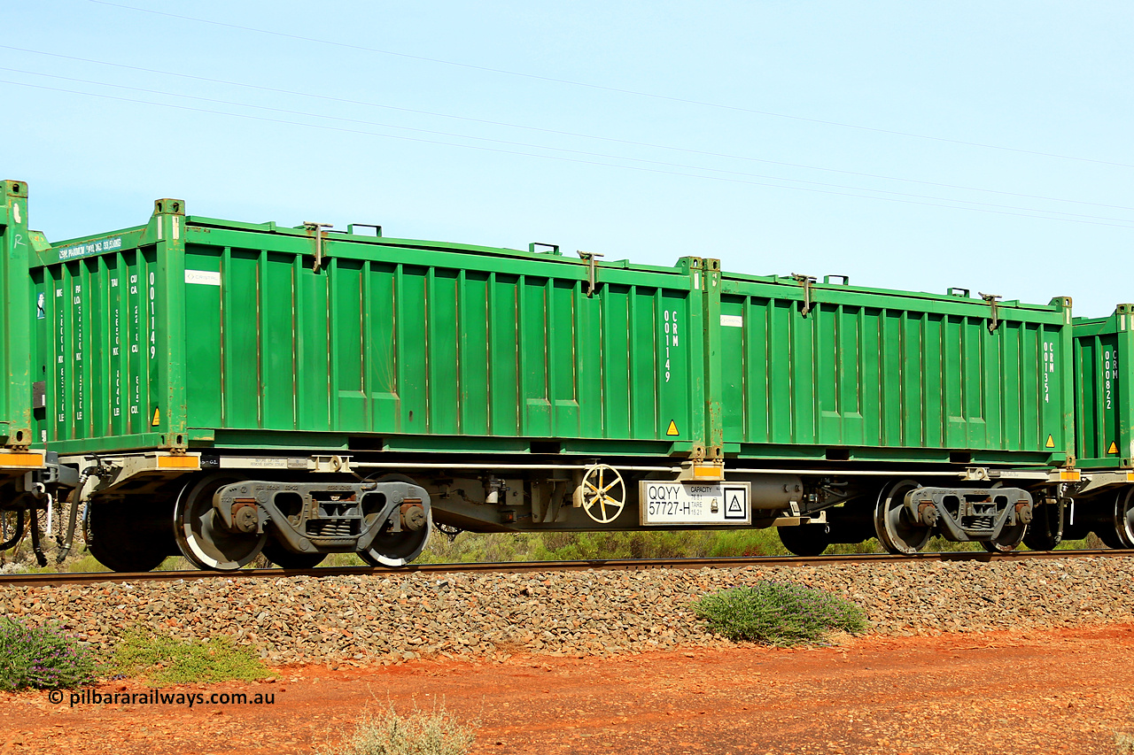 231020 8154
Parkeston, QQYY type 40' container waggon QQYY 57727 one of five hundred ordered by Aurizon and built by CRRC Yangtze Group of China in 2022. In service with two loaded 20' half height hard top 'rotainers' lettered CRM, for Cristal Mining before they were absorbed into Tronox, CRM 001534 with Cristal decal and CRM 001149 with Cristal decal, on Aurizon's Tronox mineral sands train 4UP1 from Ivanhoe / Broken Hill (NSW) to Kwinana (WA). 20th of October 2023.
Keywords: QQYY-type;QQYY57727;CRRC-Yangtze-Group-China;