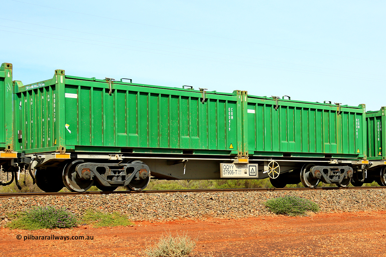 231020 8157
Parkeston, QQYY type 40' container waggon QQYY 57906 one of five hundred ordered by Aurizon and built by CRRC Yangtze Group of China in 2022. In service with two loaded 20' half height hard top 'rotainers' lettered CRM, for Cristal Mining before they were absorbed into Tronox, CRM 000481 with Cristal decal and CRM 000479 with Cristal decal, on Aurizon's Tronox mineral sands train 4UP1 from Ivanhoe / Broken Hill (NSW) to Kwinana (WA). 20th of October 2023.
Keywords: QQYY-type;QQYY57906;CRRC-Yangtze-Group-China;