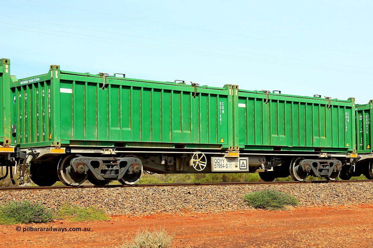 231020 8158
Parkeston, QQYY type 40' container waggon QQYY 57954 one of five hundred ordered by Aurizon and built by CRRC Yangtze Group of China in 2022. In service with two loaded 20' half height hard top 'rotainers' lettered CRM, for Cristal Mining before they were absorbed into Tronox, CRM 001569 with Cristal decal and CRM 001681 with Cristal decal, on Aurizon's Tronox mineral sands train 4UP1 from Ivanhoe / Broken Hill (NSW) to Kwinana (WA). 20th of October 2023.
Keywords: QQYY-type;QQYY57954;CRRC-Yangtze-Group-China;