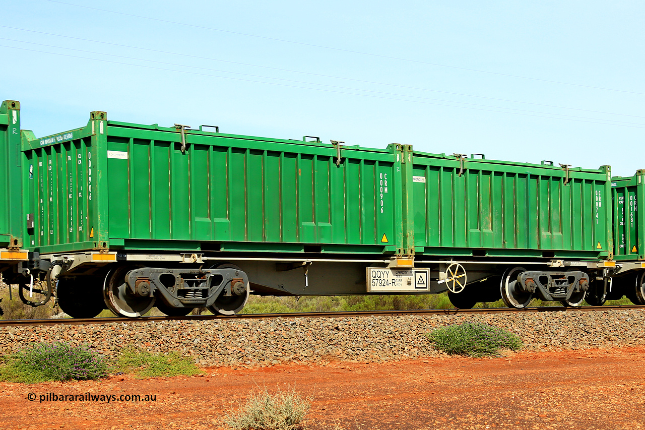 231020 8159
Parkeston, QQYY type 40' container waggon QQYY 57924 one of five hundred ordered by Aurizon and built by CRRC Yangtze Group of China in 2022. In service with two loaded 20' half height hard top 'rotainers' lettered CRM, for Cristal Mining before they were absorbed into Tronox, CRM 000741 with Tronox decal and CRM 000906 with Cristal decal, on Aurizon's Tronox mineral sands train 4UP1 from Ivanhoe / Broken Hill (NSW) to Kwinana (WA). 20th of October 2023.
Keywords: QQYY-type;QQYY57924;CRRC-Yangtze-Group-China;