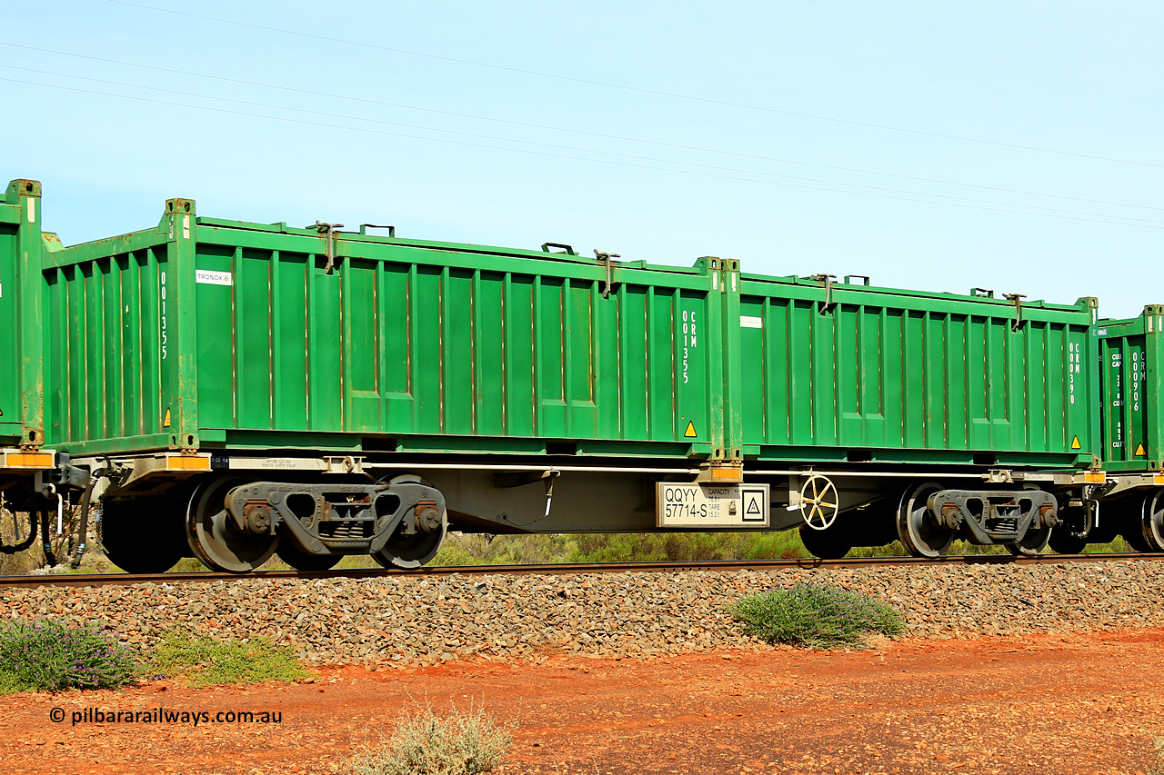 231020 8160
Parkeston, QQYY type 40' container waggon QQYY 57714 one of five hundred ordered by Aurizon and built by CRRC Yangtze Group of China in 2022. In service with two loaded 20' half height hard top 'rotainers' lettered CRM, for Cristal Mining before they were absorbed into Tronox, CRM 000390 with Cristal decal and CRM 001355 with Tronox decal, on Aurizon's Tronox mineral sands train 4UP1 from Ivanhoe / Broken Hill (NSW) to Kwinana (WA). 20th of October 2023.
Keywords: QQYY-type;QQYY57714;CRRC-Yangtze-Group-China;