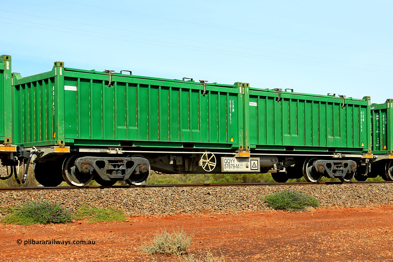 231020 8163
Parkeston, QQYY type 40' container waggon QQYY 57679 one of five hundred ordered by Aurizon and built by CRRC Yangtze Group of China in 2022. In service with two loaded 20' half height hard top 'rotainers' lettered CRM, for Cristal Mining before they were absorbed into Tronox, CRM 000506 with Tronox decal and CRM 001651 with Cristal decal, on Aurizon's Tronox mineral sands train 4UP1 from Ivanhoe / Broken Hill (NSW) to Kwinana (WA). 20th of October 2023.
Keywords: QQYY-type;QQYY57679;CRRC-Yangtze-Group-China;