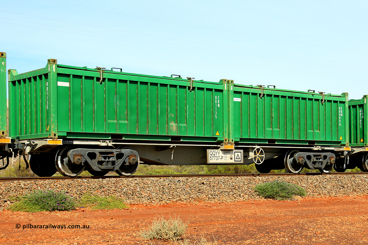 231020 8164
Parkeston, QQYY type 40' container waggon QQYY 57737 one of five hundred ordered by Aurizon and built by CRRC Yangtze Group of China in 2022. In service with two loaded 20' half height hard top 'rotainers' lettered CRM, for Cristal Mining before they were absorbed into Tronox, CRM 00098 with Tronox decal and CRM 001135 with Cristal decal, on Aurizon's Tronox mineral sands train 4UP1 from Ivanhoe / Broken Hill (NSW) to Kwinana (WA). 20th of October 2023.
Keywords: QQYY-type;QQYY57737;CRRC-Yangtze-Group-China;