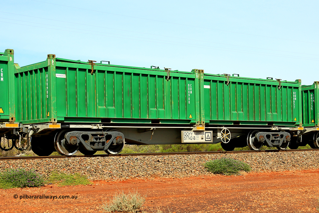 231020 8165
Parkeston, QQYY type 40' container waggon QQYY 57742 one of five hundred ordered by Aurizon and built by CRRC Yangtze Group of China in 2022. In service with two loaded 20' half height hard top 'rotainers' lettered CRM, for Cristal Mining before they were absorbed into Tronox, CRM 000857 with Cristal decal and CRM 000900 with Tronox decal, on Aurizon's Tronox mineral sands train 4UP1 from Ivanhoe / Broken Hill (NSW) to Kwinana (WA). 20th of October 2023.
Keywords: QQYY-type;QQYY57742;CRRC-Yangtze-Group-China;