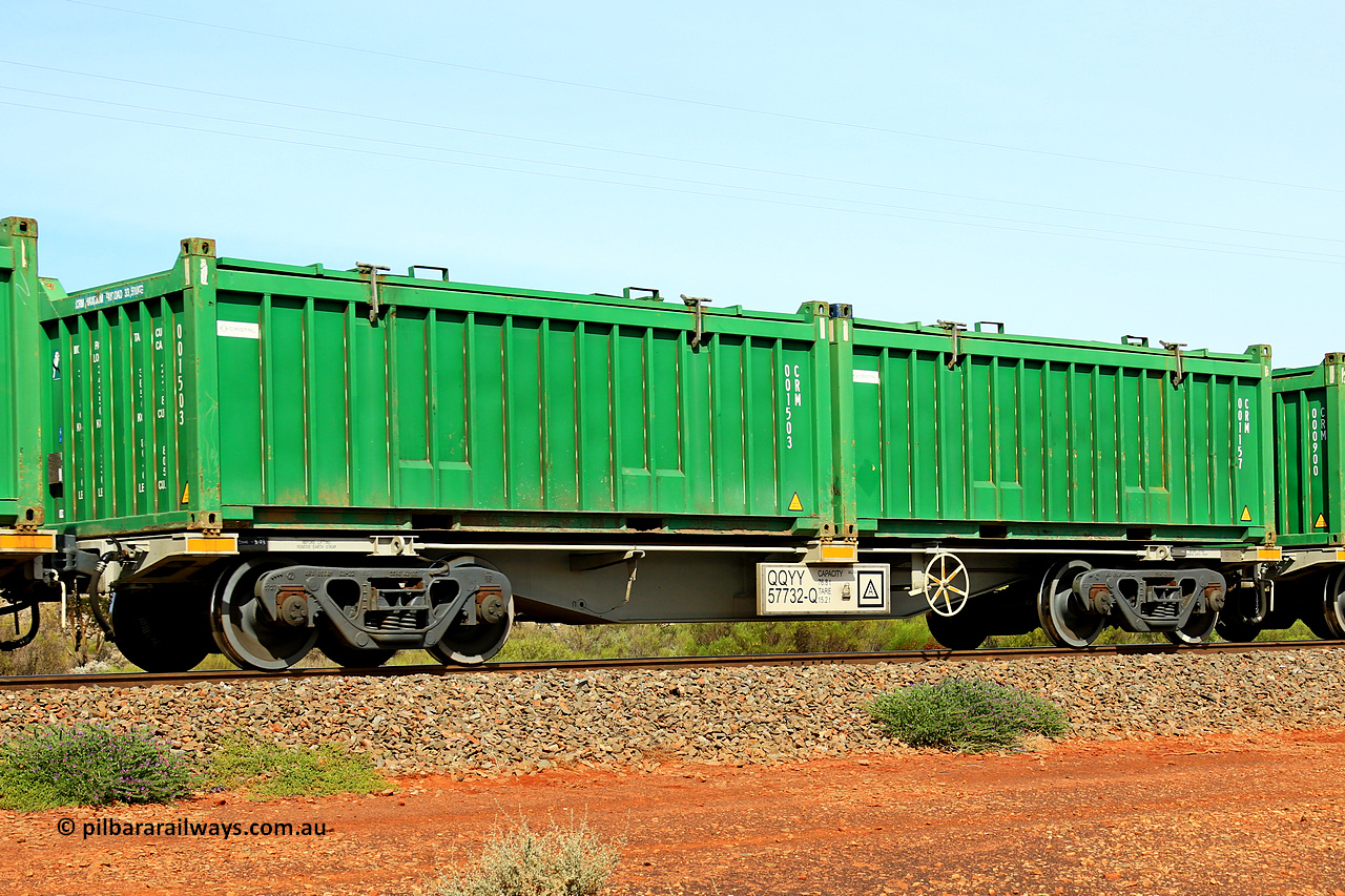 231020 8166
Parkeston, QQYY type 40' container waggon QQYY 57732 one of five hundred ordered by Aurizon and built by CRRC Yangtze Group of China in 2022. In service with two loaded 20' half height hard top 'rotainers' lettered CRM, for Cristal Mining before they were absorbed into Tronox, CRM 001157 with Cristal decal and CRM 001503 with Cristal decal, on Aurizon's Tronox mineral sands train 4UP1 from Ivanhoe / Broken Hill (NSW) to Kwinana (WA). 20th of October 2023.
Keywords: QQYY-type;QQYY57732;CRRC-Yangtze-Group-China;