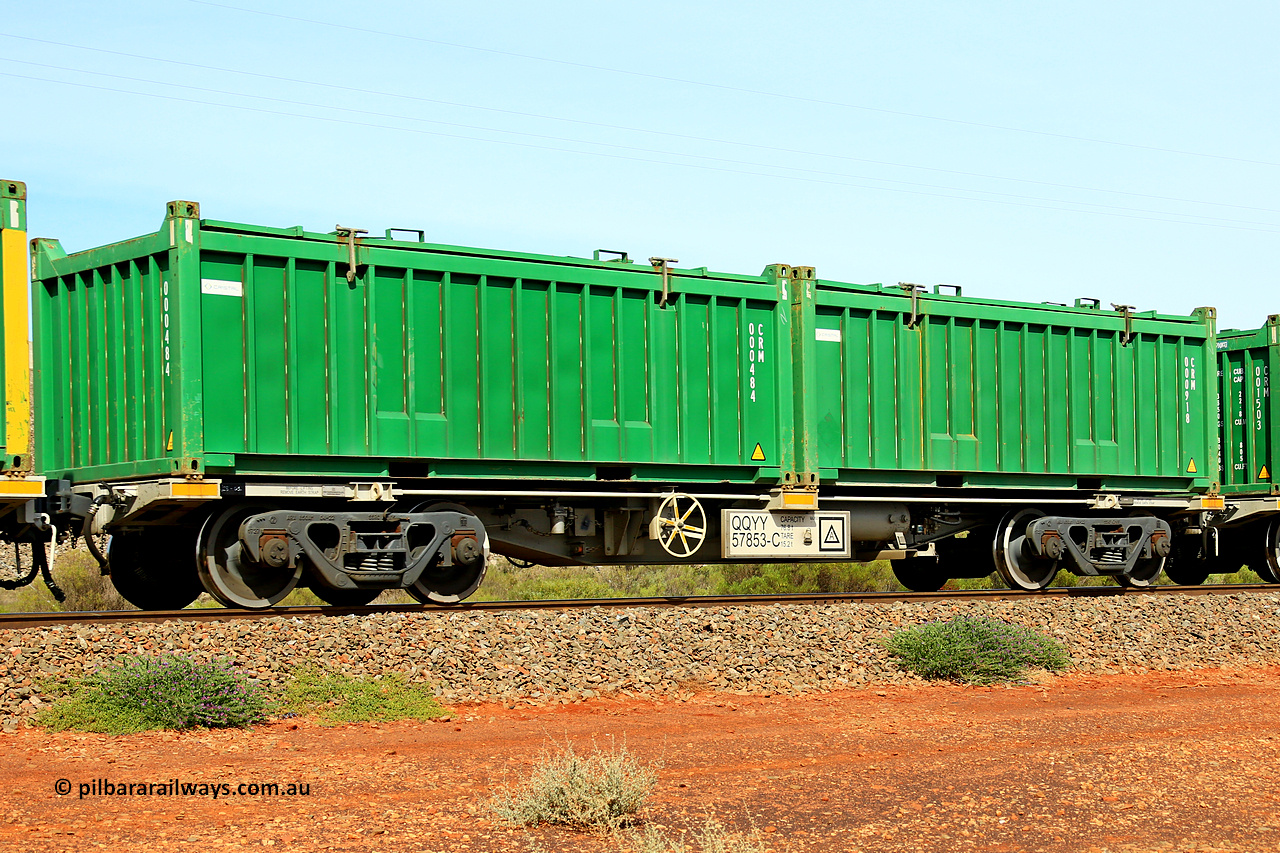 231020 8167
Parkeston, QQYY type 40' container waggon QQYY 57853 one of five hundred ordered by Aurizon and built by CRRC Yangtze Group of China in 2022. In service with two loaded 20' half height hard top 'rotainers' lettered CRM, for Cristal Mining before they were absorbed into Tronox, CRM 000918 with Cristal decal and CRM 000484 with Cristal decal, on Aurizon's Tronox mineral sands train 4UP1 from Ivanhoe / Broken Hill (NSW) to Kwinana (WA). 20th of October 2023.
Keywords: QQYY-type;QQYY57853;CRRC-Yangtze-Group-China;