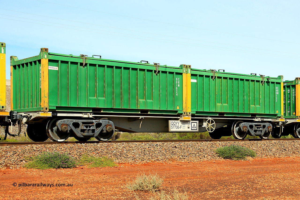 231020 8173
Parkeston, QQYY type 40' container waggon QQYY 57706 one of five hundred ordered by Aurizon and built by CRRC Yangtze Group of China in 2022. In service with two loaded 20' half height hard top 'rotainers' lettered CRM, for Cristal Mining before they were absorbed into Tronox, CRM 000132 with Cristal decal and yellow corner posts and CRM 001024 with Tronox decal and yellow corner posts, on Aurizon's Tronox mineral sands train 4UP1 from Ivanhoe / Broken Hill (NSW) to Kwinana (WA). 20th of October 2023.
Keywords: QQYY-type;QQYY57706;CRRC-Yangtze-Group-China;