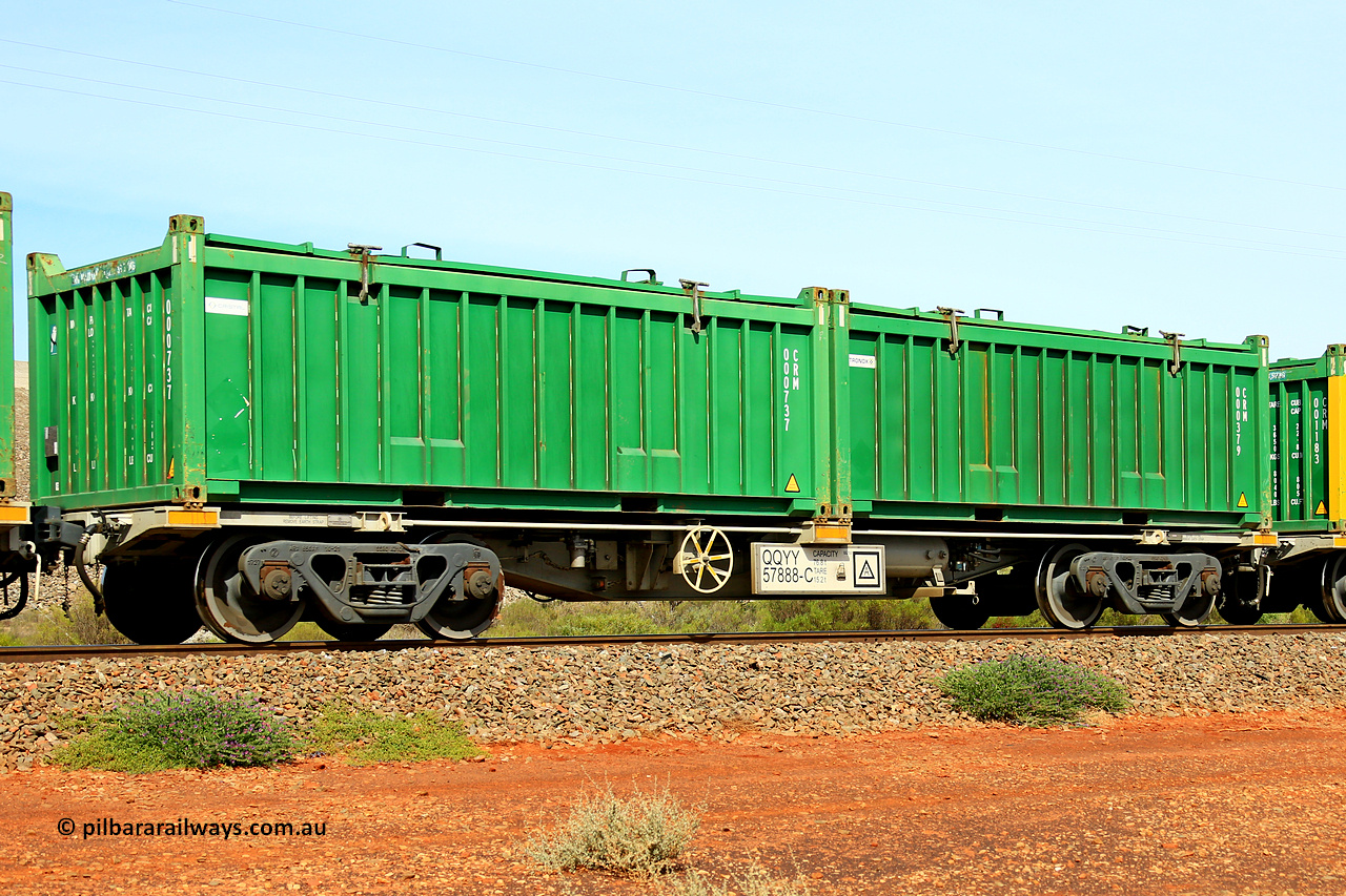 231020 8175
Parkeston, QQYY type 40' container waggon QQYY 57888 one of five hundred ordered by Aurizon and built by CRRC Yangtze Group of China in 2022. In service with two loaded 20' half height hard top 'rotainers' lettered CRM, for Cristal Mining before they were absorbed into Tronox, CRM 000379 with Tronox decal and CRM 000737 with Cristal decal, on Aurizon's Tronox mineral sands train 4UP1 from Ivanhoe / Broken Hill (NSW) to Kwinana (WA). 20th of October 2023.
Keywords: QQYY-type;QQYY57888;CRRC-Yangtze-Group-China;