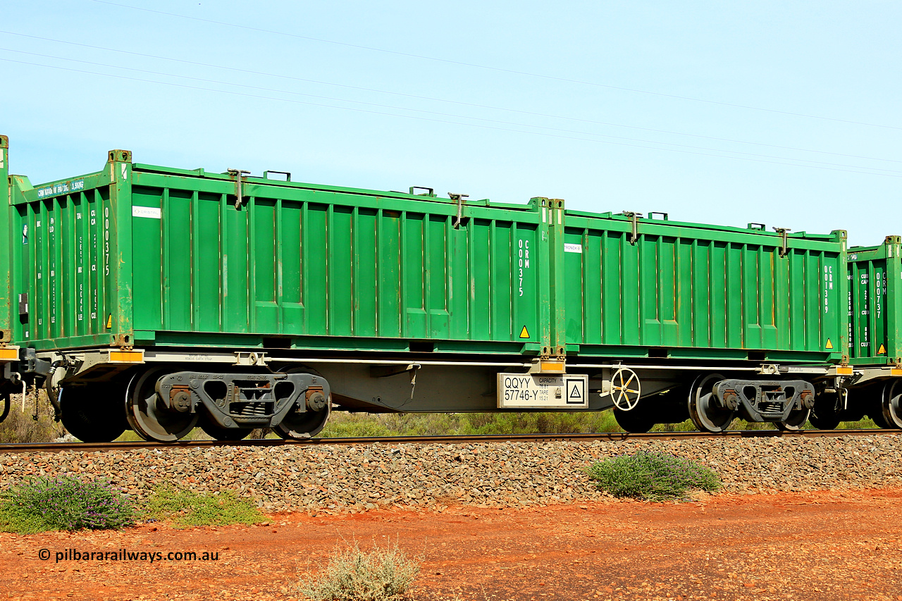 231020 8176
Parkeston, QQYY type 40' container waggon QQYY 57746 one of five hundred ordered by Aurizon and built by CRRC Yangtze Group of China in 2022. In service with two loaded 20' half height hard top 'rotainers' lettered CRM, for Cristal Mining before they were absorbed into Tronox, CRM 001389 with Tronox decal and CRM 000375 with Cristal decal, on Aurizon's Tronox mineral sands train 4UP1 from Ivanhoe / Broken Hill (NSW) to Kwinana (WA). 20th of October 2023.
Keywords: QQYY-type;QQYY57746;CRRC-Yangtze-Group-China;