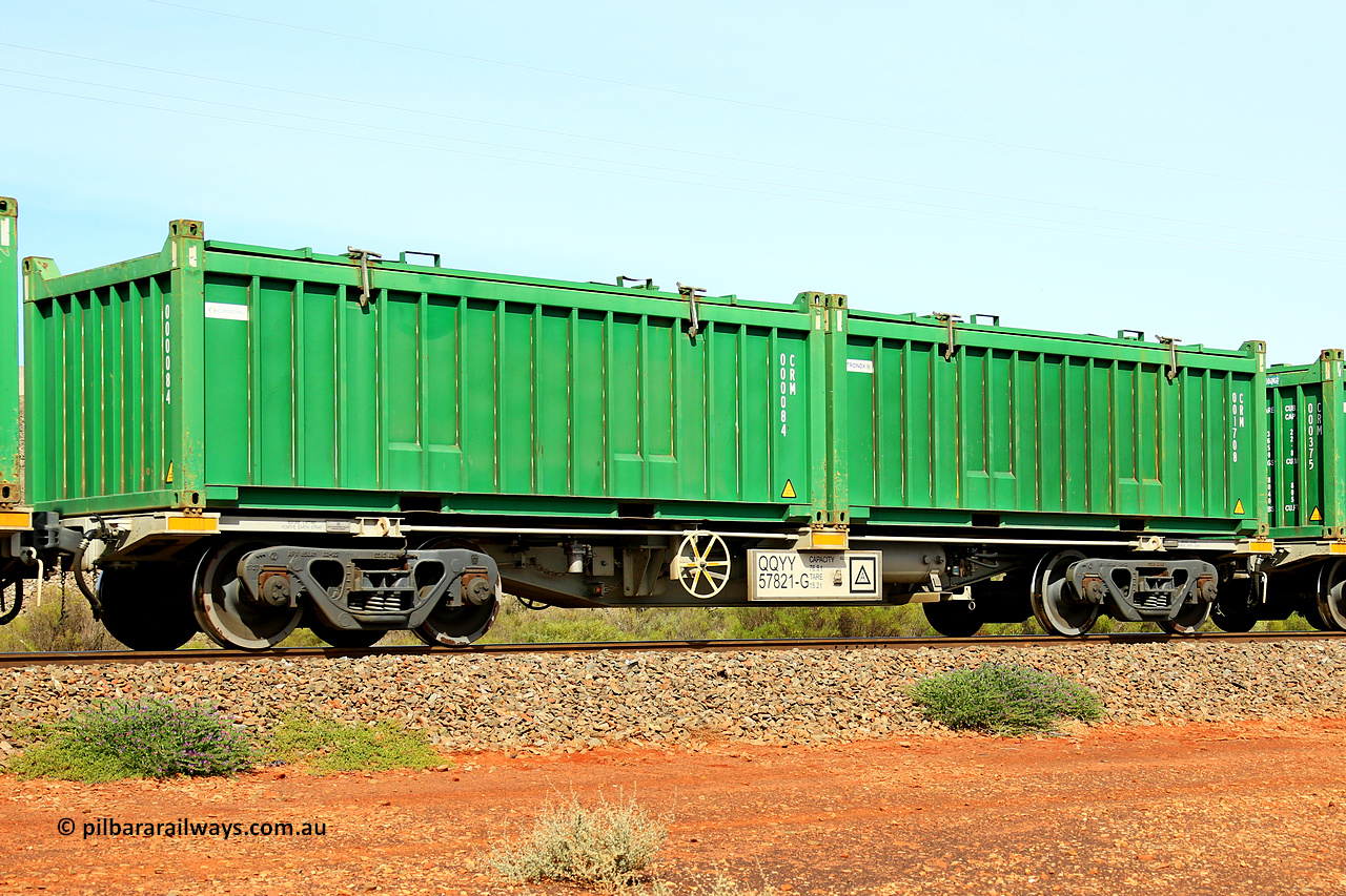 231020 8177
Parkeston, QQYY type 40' container waggon QQYY 57821 one of five hundred ordered by Aurizon and built by CRRC Yangtze Group of China in 2022. In service with two loaded 20' half height hard top 'rotainers' lettered CRM, for Cristal Mining before they were absorbed into Tronox, CRM 001708 with Tronox decal and CRM 000084 with Cristal decal, on Aurizon's Tronox mineral sands train 4UP1 from Ivanhoe / Broken Hill (NSW) to Kwinana (WA). 20th of October 2023.
Keywords: QQYY-type;QQYY57821;CRRC-Yangtze-Group-China;
