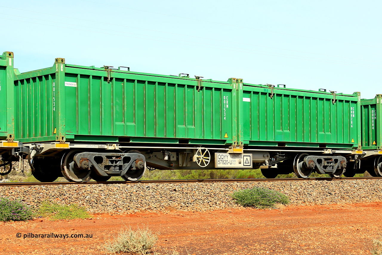 231020 8178
Parkeston, QQYY type 40' container waggon QQYY 57820 one of five hundred ordered by Aurizon and built by CRRC Yangtze Group of China in 2022. In service with two loaded 20' half height hard top 'rotainers' lettered CRM, for Cristal Mining before they were absorbed into Tronox, CRM 000286 with Cristal decal and CRM 001534 with Tronox decal, on Aurizon's Tronox mineral sands train 4UP1 from Ivanhoe / Broken Hill (NSW) to Kwinana (WA). 20th of October 2023.
Keywords: QQYY-type;QQYY57820;CRRC-Yangtze-Group-China;