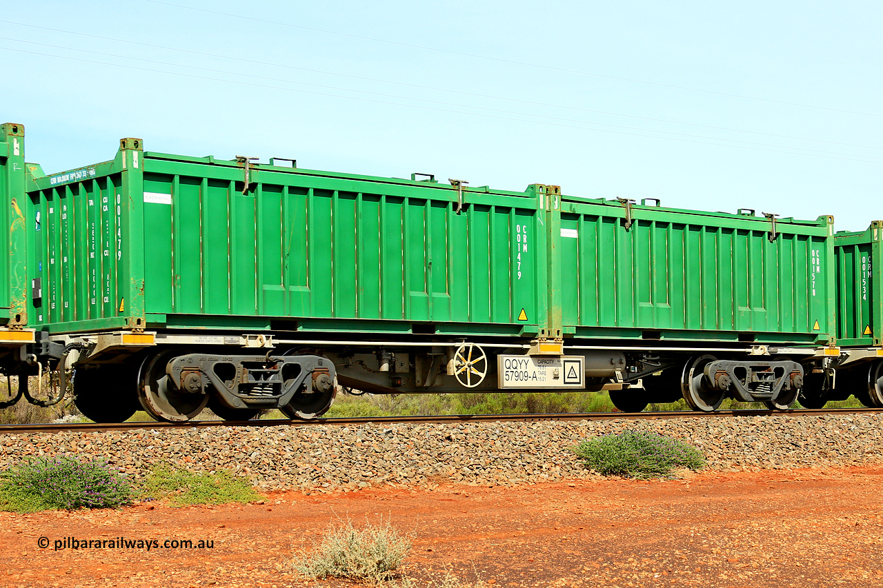 231020 8179
Parkeston, QQYY type 40' container waggon QQYY 57909 one of five hundred ordered by Aurizon and built by CRRC Yangtze Group of China in 2022. In service with two loaded 20' half height hard top 'rotainers' lettered CRM, for Cristal Mining before they were absorbed into Tronox, CRM 001578 with Cristal decal and CRM 001479 with Cristal decal, on Aurizon's Tronox mineral sands train 4UP1 from Ivanhoe / Broken Hill (NSW) to Kwinana (WA). 20th of October 2023.
Keywords: QQYY-type;QQYY57909;CRRC-Yangtze-Group-China;