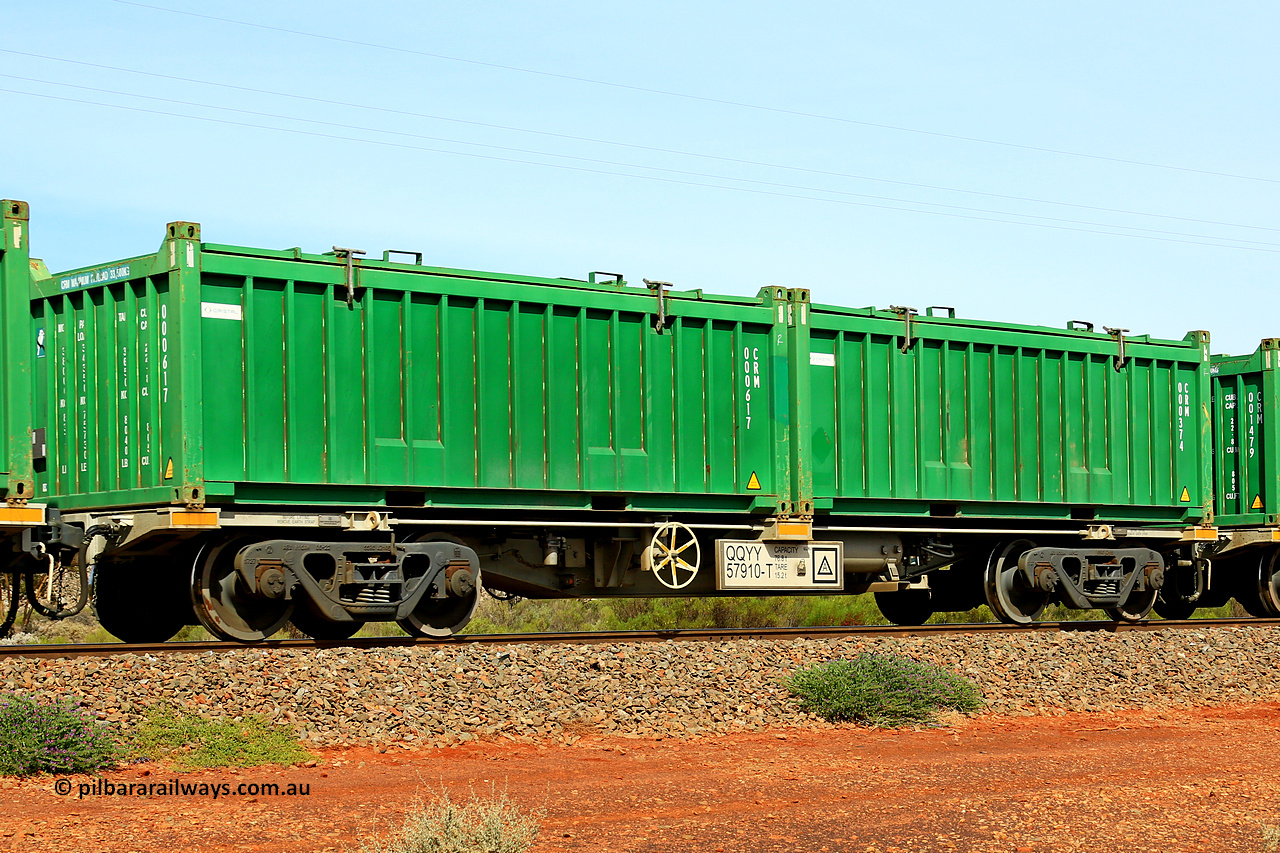 231020 8180
Parkeston, QQYY type 40' container waggon QQYY 57910 one of five hundred ordered by Aurizon and built by CRRC Yangtze Group of China in 2022. In service with two loaded 20' half height hard top 'rotainers' lettered CRM, for Cristal Mining before they were absorbed into Tronox, CRM 000374 with Cristal decal and CRM 000617 with Cristal decal, on Aurizon's Tronox mineral sands train 4UP1 from Ivanhoe / Broken Hill (NSW) to Kwinana (WA). 20th of October 2023.
Keywords: QQYY-type;QQYY57910;CRRC-Yangtze-Group-China;