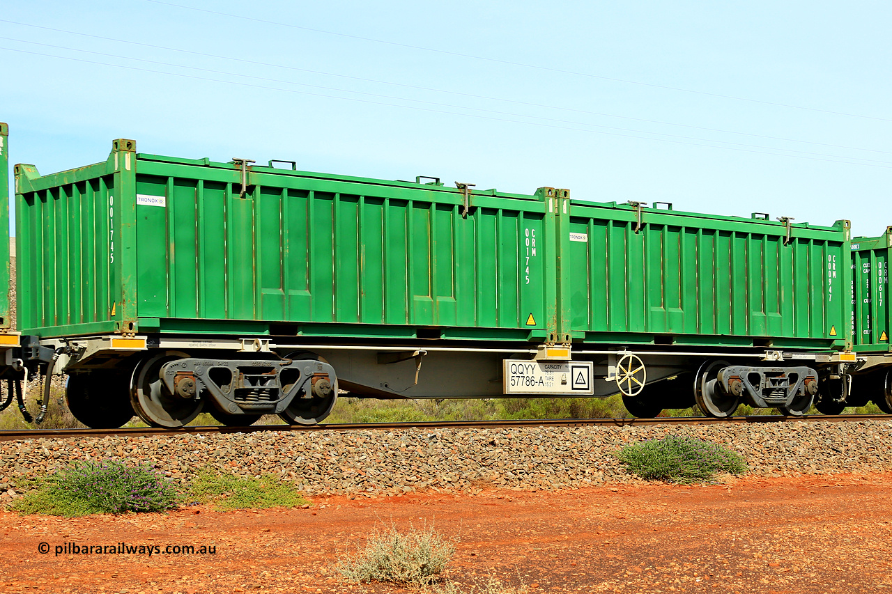 231020 8181
Parkeston, QQYY type 40' container waggon QQYY 57786 one of five hundred ordered by Aurizon and built by CRRC Yangtze Group of China in 2022. In service with two loaded 20' half height hard top 'rotainers' lettered CRM, for Cristal Mining before they were absorbed into Tronox, CRM 000947 with Tronox decal and CRM 001745 with Tronox decal, on Aurizon's Tronox mineral sands train 4UP1 from Ivanhoe / Broken Hill (NSW) to Kwinana (WA). 20th of October 2023.
Keywords: QQYY-type;QQYY57786;CRRC-Yangtze-Group-China;