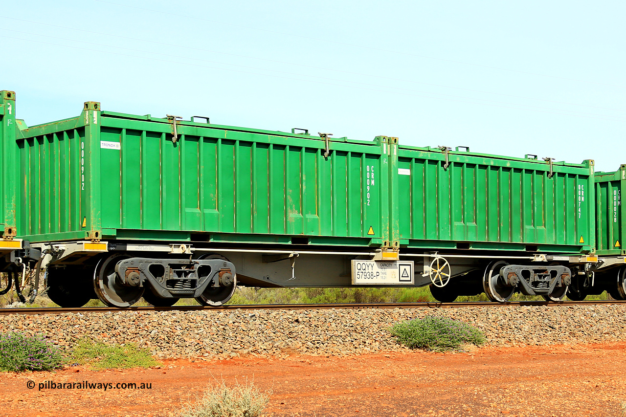 231020 8183
Parkeston, QQYY type 40' container waggon QQYY 57938 one of five hundred ordered by Aurizon and built by CRRC Yangtze Group of China in 2022. In service with two loaded 20' half height hard top 'rotainers' lettered CRM, for Cristal Mining before they were absorbed into Tronox, CRM 000747 with Cristal decal and CRM 000902 with Tronox decal, on Aurizon's Tronox mineral sands train 4UP1 from Ivanhoe / Broken Hill (NSW) to Kwinana (WA). 20th of October 2023.
Keywords: QQYY-type;QQYY57938;CRRC-Yangtze-Group-China;
