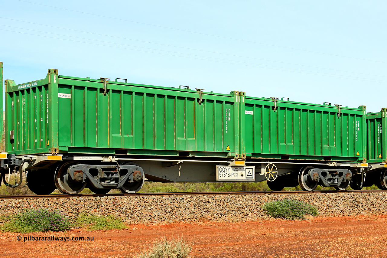 231020 8184
Parkeston, QQYY type 40' container waggon QQYY 57818 one of five hundred ordered by Aurizon and built by CRRC Yangtze Group of China in 2022. In service with two loaded 20' half height hard top 'rotainers' lettered CRM, for Cristal Mining before they were absorbed into Tronox, CRM 001265 with Tronox decal and CRM 000422 with Tronox decal, on Aurizon's Tronox mineral sands train 4UP1 from Ivanhoe / Broken Hill (NSW) to Kwinana (WA). 20th of October 2023.
Keywords: QQYY-type;QQYY57818;CRRC-Yangtze-Group-China;