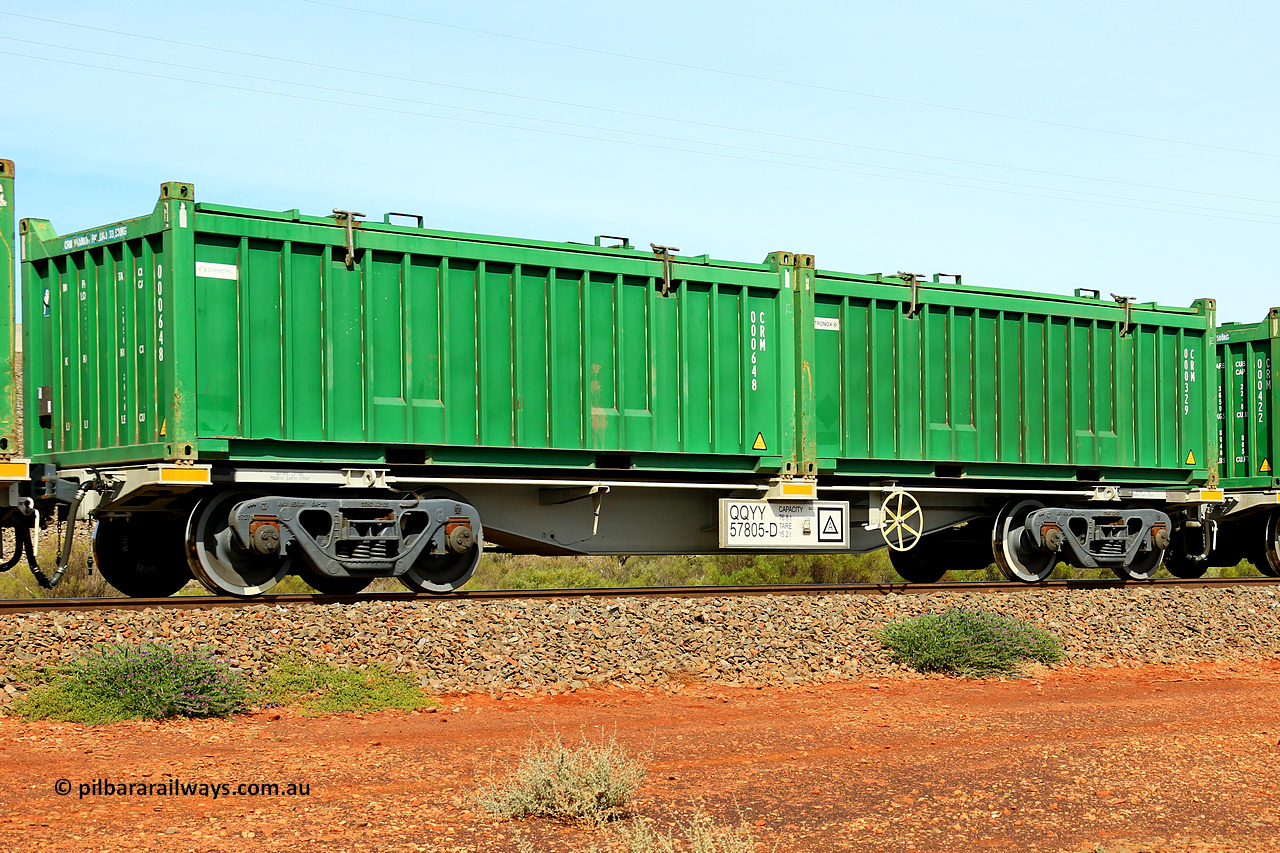 231020 8185
Parkeston, QQYY type 40' container waggon QQYY 57805 one of five hundred ordered by Aurizon and built by CRRC Yangtze Group of China in 2022. In service with two loaded 20' half height hard top 'rotainers' lettered CRM, for Cristal Mining before they were absorbed into Tronox, CRM 000329 with Tronox decal and CRM 000648 with Cristal decal, on Aurizon's Tronox mineral sands train 4UP1 from Ivanhoe / Broken Hill (NSW) to Kwinana (WA). 20th of October 2023.
Keywords: QQYY-type;QQYY57805;CRRC-Yangtze-Group-China;