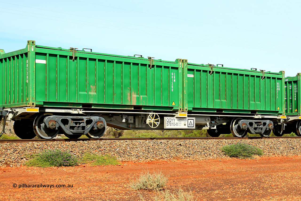 231020 8186
Parkeston, QQYY type 40' container waggon QQYY 57810 one of five hundred ordered by Aurizon and built by CRRC Yangtze Group of China in 2022. In service with two loaded 20' half height hard top 'rotainers' lettered CRM, for Cristal Mining before they were absorbed into Tronox, CRM 000511 with Tronox decal and CRM 001300 with Cristal decal, on Aurizon's Tronox mineral sands train 4UP1 from Ivanhoe / Broken Hill (NSW) to Kwinana (WA). 20th of October 2023.
Keywords: QQYY-type;QQYY57810;CRRC-Yangtze-Group-China;