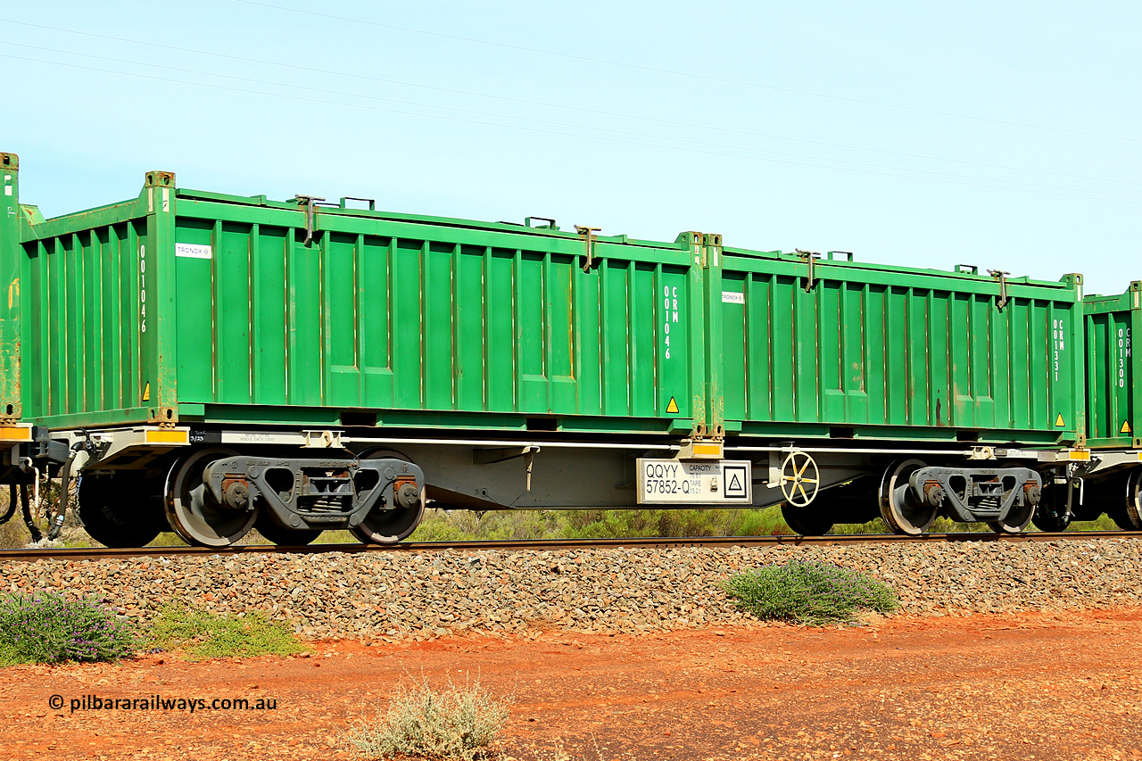 231020 8187
Parkeston, QQYY type 40' container waggon QQYY 57852 one of five hundred ordered by Aurizon and built by CRRC Yangtze Group of China in 2022. In service with two loaded 20' half height hard top 'rotainers' lettered CRM, for Cristal Mining before they were absorbed into Tronox, CRM 001331 with Tronox decal and CRM 001046 with Tronox decal, on Aurizon's Tronox mineral sands train 4UP1 from Ivanhoe / Broken Hill (NSW) to Kwinana (WA). 20th of October 2023.
Keywords: QQYY-type;QQYY57852;CRRC-Yangtze-Group-China;