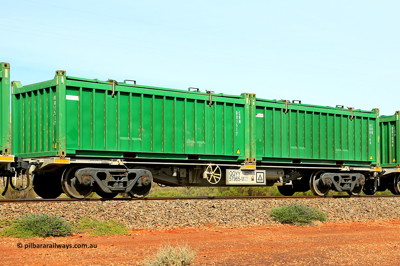 231020 8188
Parkeston, QQYY type 40' container waggon QQYY 57965 one of five hundred ordered by Aurizon and built by CRRC Yangtze Group of China in 2022. In service with two loaded 20' half height hard top 'rotainers' lettered CRM, for Cristal Mining before they were absorbed into Tronox, CRM 000164 with Tronox decal and CRM 001517 with Cristal decal, on Aurizon's Tronox mineral sands train 4UP1 from Ivanhoe / Broken Hill (NSW) to Kwinana (WA). 20th of October 2023.
Keywords: QQYY-type;QQYY57965;CRRC-Yangtze-Group-China;
