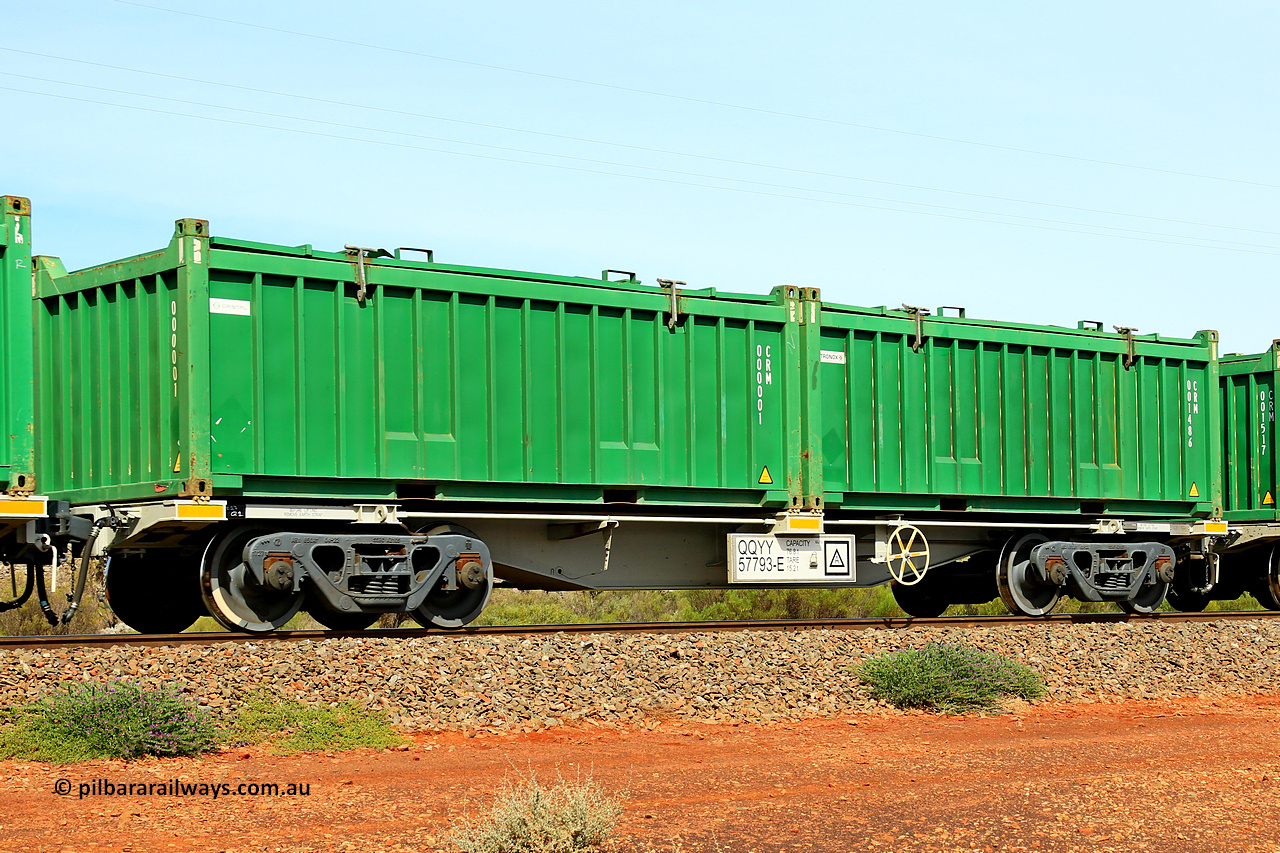 231020 8189
Parkeston, QQYY type 40' container waggon QQYY 57793 one of five hundred ordered by Aurizon and built by CRRC Yangtze Group of China in 2022. In service with two loaded 20' half height hard top 'rotainers' lettered CRM, for Cristal Mining before they were absorbed into Tronox, CRM 001486 with Tronox decal and CRM 000001 with Cristal decal, on Aurizon's Tronox mineral sands train 4UP1 from Ivanhoe / Broken Hill (NSW) to Kwinana (WA). 20th of October 2023.
Keywords: QQYY-type;QQYY57793;CRRC-Yangtze-Group-China;