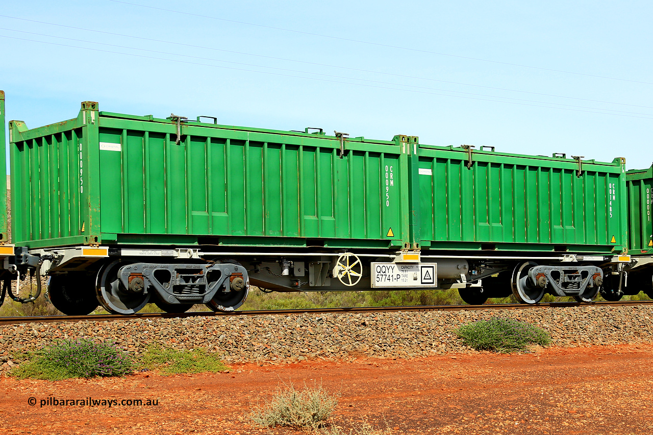 231020 8190
Parkeston, QQYY type 40' container waggon QQYY 57741 one of five hundred ordered by Aurizon and built by CRRC Yangtze Group of China in 2022. In service with two loaded 20' half height hard top 'rotainers' lettered CRM, for Cristal Mining before they were absorbed into Tronox, CRM 001485 with Cristal decal and CRM 000950 with Cristal decal, on Aurizon's Tronox mineral sands train 4UP1 from Ivanhoe / Broken Hill (NSW) to Kwinana (WA). 20th of October 2023.
Keywords: QQYY-type;QQYY57741;CRRC-Yangtze-Group-China;