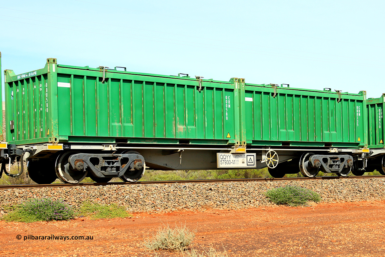 231020 8191
Parkeston, QQYY type 40' container waggon QQYY 57930 one of five hundred ordered by Aurizon and built by CRRC Yangtze Group of China in 2022. In service with two loaded 20' half height hard top 'rotainers' lettered CRM, for Cristal Mining before they were absorbed into Tronox, CRM 000135 with Cristal decal and CRM 000580 with Cristal decal, on Aurizon's Tronox mineral sands train 4UP1 from Ivanhoe / Broken Hill (NSW) to Kwinana (WA). 20th of October 2023.
Keywords: QQYY-type;QQYY57930;CRRC-Yangtze-Group-China;