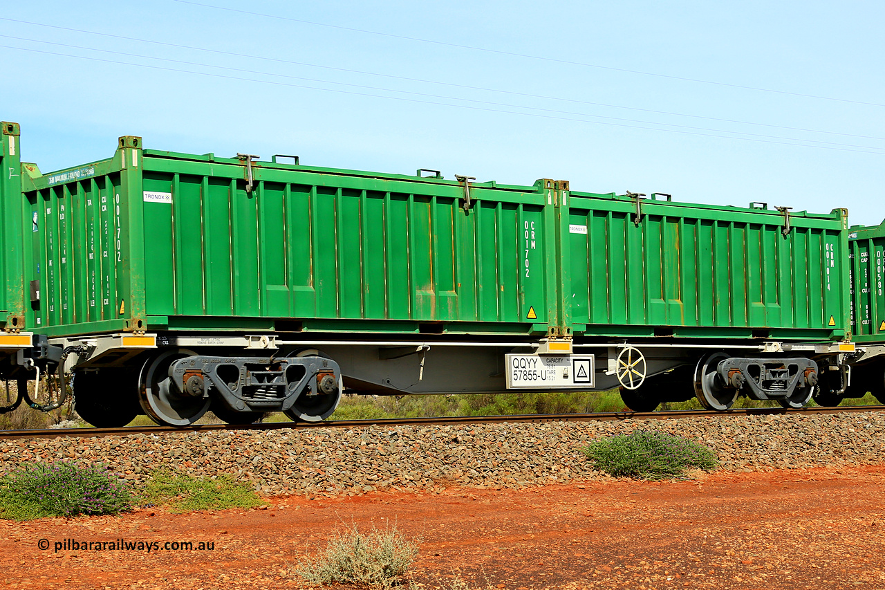 231020 8192
Parkeston, QQYY type 40' container waggon QQYY 57855 one of five hundred ordered by Aurizon and built by CRRC Yangtze Group of China in 2022. In service with two loaded 20' half height hard top 'rotainers' lettered CRM, for Cristal Mining before they were absorbed into Tronox, CRM 001014 with Tronox decal and CRM 001702 with Tronox decal, on Aurizon's Tronox mineral sands train 4UP1 from Ivanhoe / Broken Hill (NSW) to Kwinana (WA). 20th of October 2023.
Keywords: QQYY-type;QQYY57855;CRRC-Yangtze-Group-China;