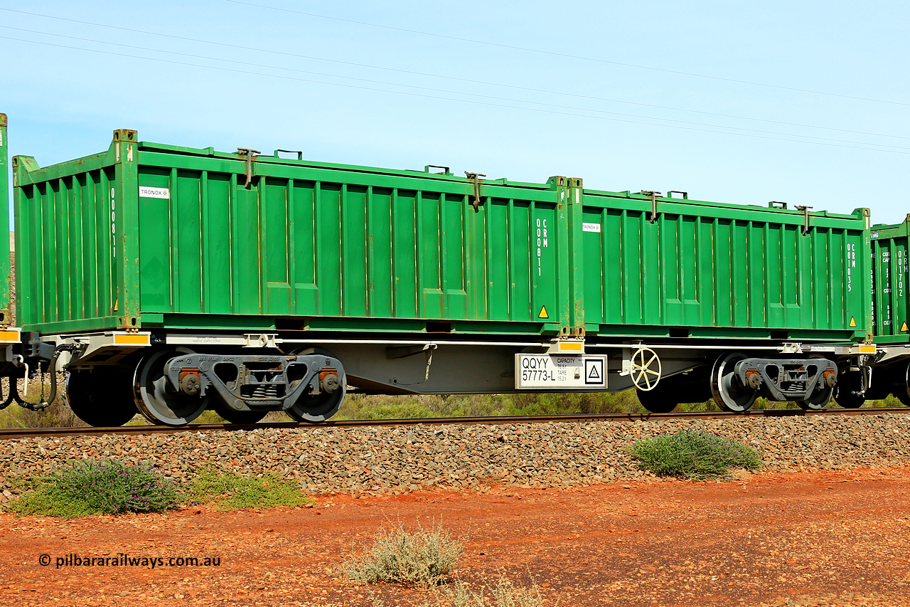 231020 8193
Parkeston, QQYY type 40' container waggon QQYY 57773 one of five hundred ordered by Aurizon and built by CRRC Yangtze Group of China in 2022. In service with two loaded 20' half height hard top 'rotainers' lettered CRM, for Cristal Mining before they were absorbed into Tronox, CRM 001035 with Tronox decal and CRM 000811 with Tronox decal, on Aurizon's Tronox mineral sands train 4UP1 from Ivanhoe / Broken Hill (NSW) to Kwinana (WA). 20th of October 2023.
Keywords: QQYY-type;QQYY57773;CRRC-Yangtze-Group-China;