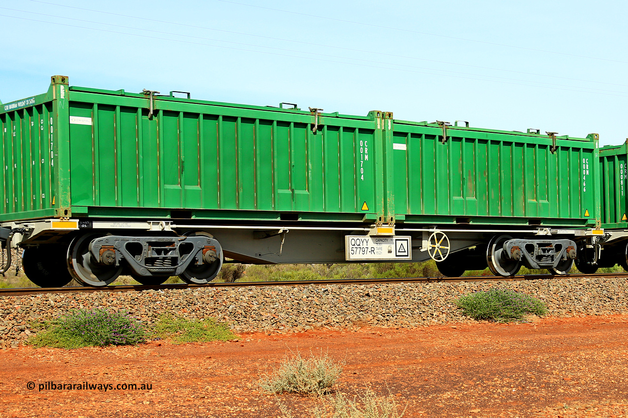 231020 8194
Parkeston, QQYY type 40' container waggon QQYY 57797 one of five hundred ordered by Aurizon and built by CRRC Yangtze Group of China in 2022. In service with two loaded 20' half height hard top 'rotainers' lettered CRM, for Cristal Mining before they were absorbed into Tronox, CRM 000466 with Cristal decal and CRM 001704 with Cristal decal, on Aurizon's Tronox mineral sands train 4UP1 from Ivanhoe / Broken Hill (NSW) to Kwinana (WA). 20th of October 2023.
Keywords: QQYY-type;QQYY57797;CRRC-Yangtze-Group-China;