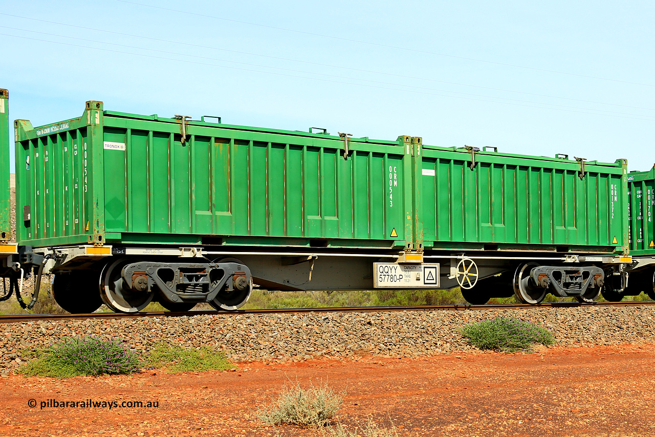 231020 8195
Parkeston, QQYY type 40' container waggon QQYY 57780 one of five hundred ordered by Aurizon and built by CRRC Yangtze Group of China in 2022. In service with two loaded 20' half height hard top 'rotainers' lettered CRM, for Cristal Mining before they were absorbed into Tronox, CRM 001372 with Cristal decal and CRM 000543 with Tronox decal, on Aurizon's Tronox mineral sands train 4UP1 from Ivanhoe / Broken Hill (NSW) to Kwinana (WA). 20th of October 2023.
Keywords: QQYY-type;QQYY57780;CRRC-Yangtze-Group-China;